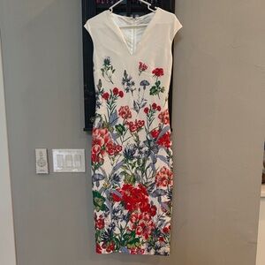 New York & Company Cream Midi Dress with Red and Green Floral Print